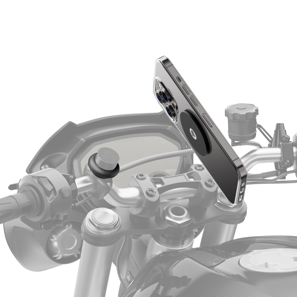 Supporto Shapeheart con antivibrazione montato sul manubrio della moto, compatibile con piastra metallica.
