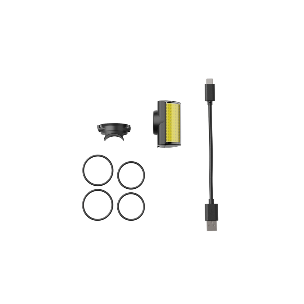 Contenuto del pack: luce anteriore LED Shapeheart, fissaggio elastico robusto e cavo di ricarica inclusi.