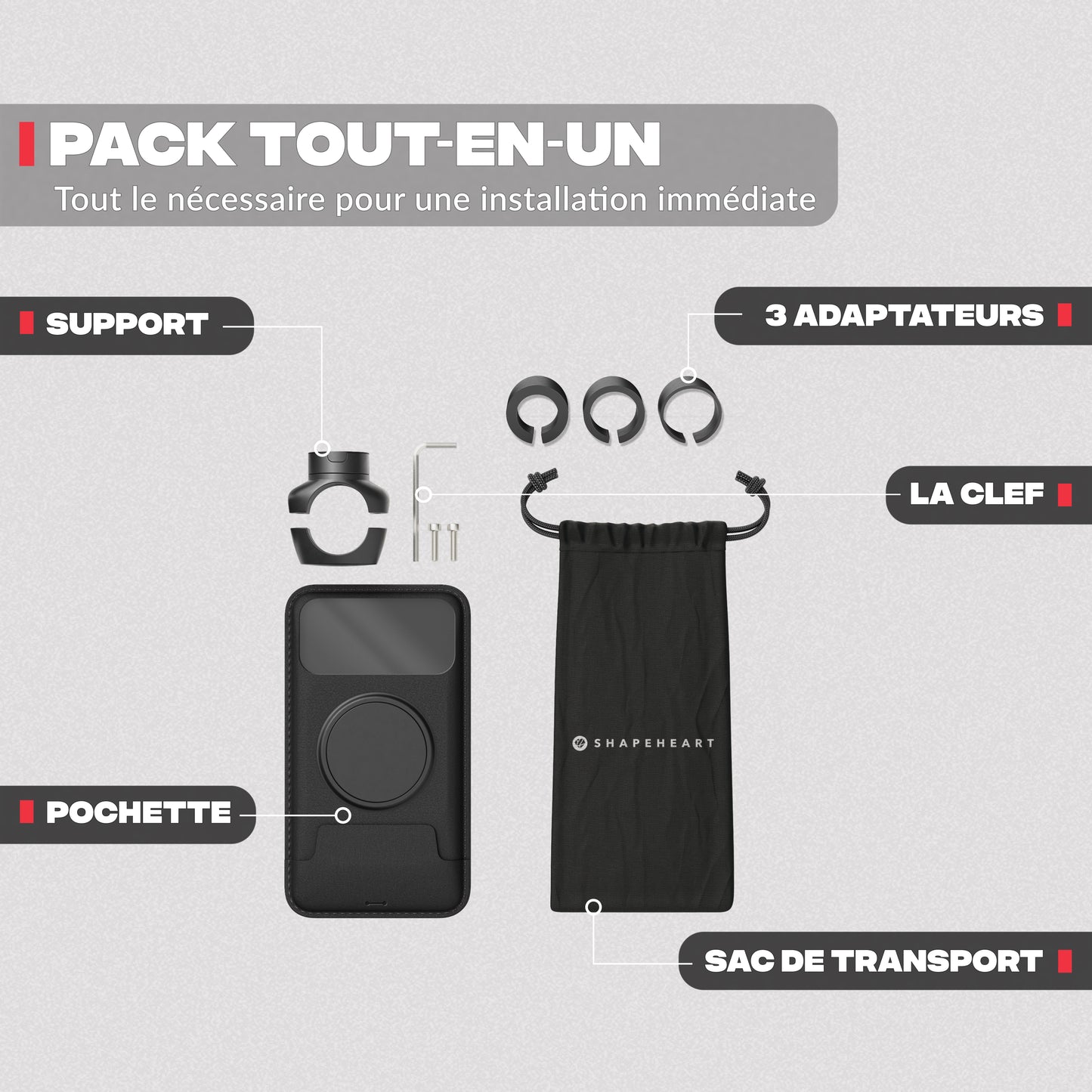 Contenuto del pack – Supporto telefono moto PRO Shapeheart