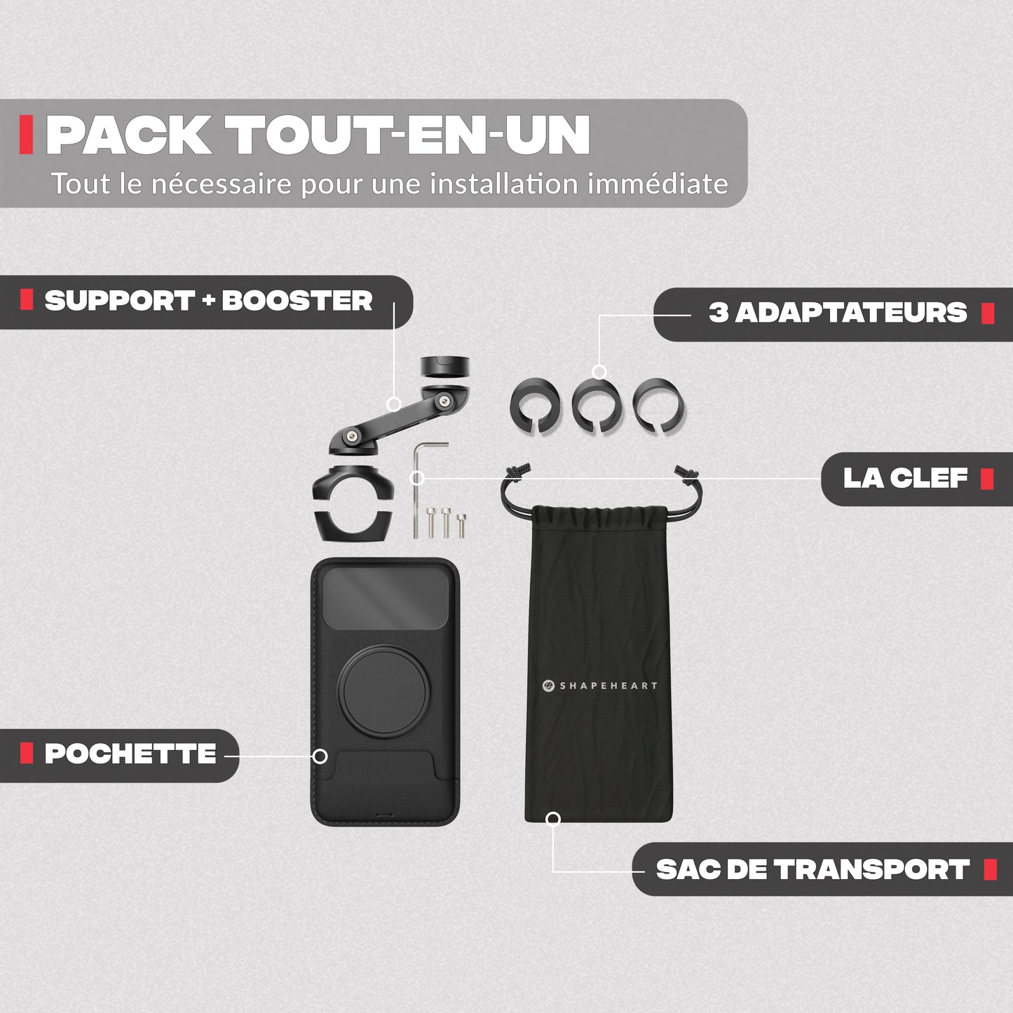 Contenuto del pack – Supporto telefono moto PRO BOOST Shapeheart