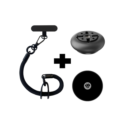 Pack accessori essenziali moto Shapeheart: anti vibrazione, piastra metallica e cordino per proteggere e mettere in sicurezza il telefono.