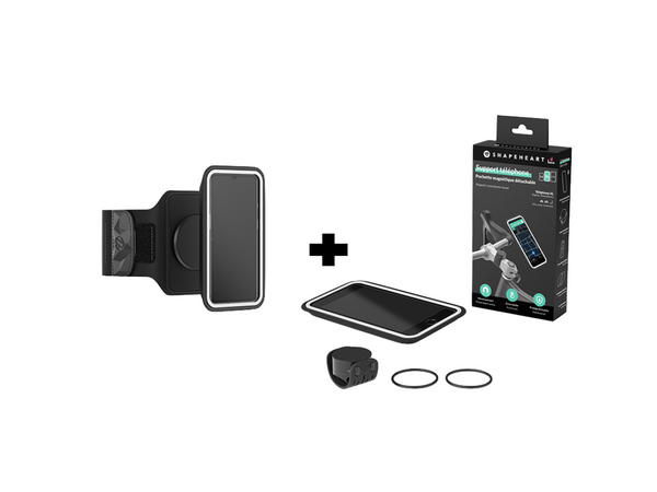 Pack Shapeheart con supporto bici magnetico e fascia da corsa, compatibile con tutti i tipi di smartphone.