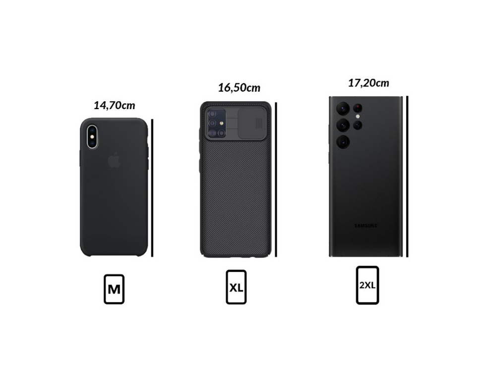 Le nostre custodie sono compatibili con la quasi totalità dei telefoni, con 3 taglie di custodie che vanno dalla M (14,7 cm) alla 2XL (17,2 cm)